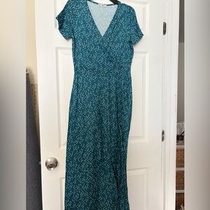 Teal Polka Dot Faux Wrap Midi Dress by HUIHOT